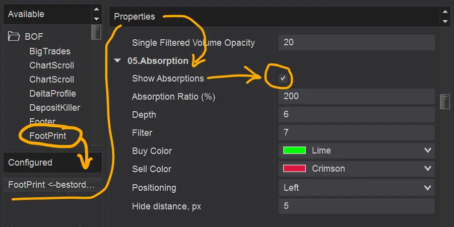 Indicator Absorption Settings onFootprint NinjaTrader8